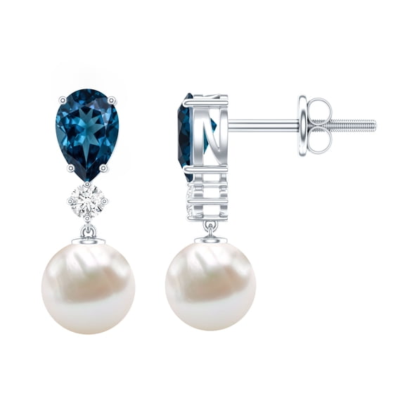 Rosec Jewels Cultured Freshwater Pearl Drop Earrings with Blue Topaz and Diamond - AAA Grade - Ready to Gift with Jewelry Box, 925 Sterling Silver