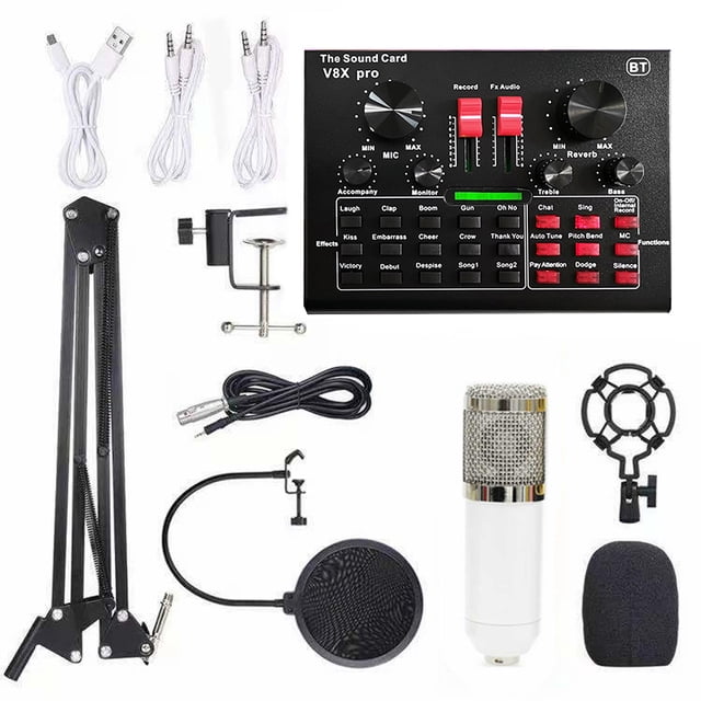 Kit de Micrófono BM800 y Tarjeta de Sonido V8X para Transmisiones en Vivo y Karaoke, Diseño Flexible y Portátil, Color Blanco con Malla Plateada