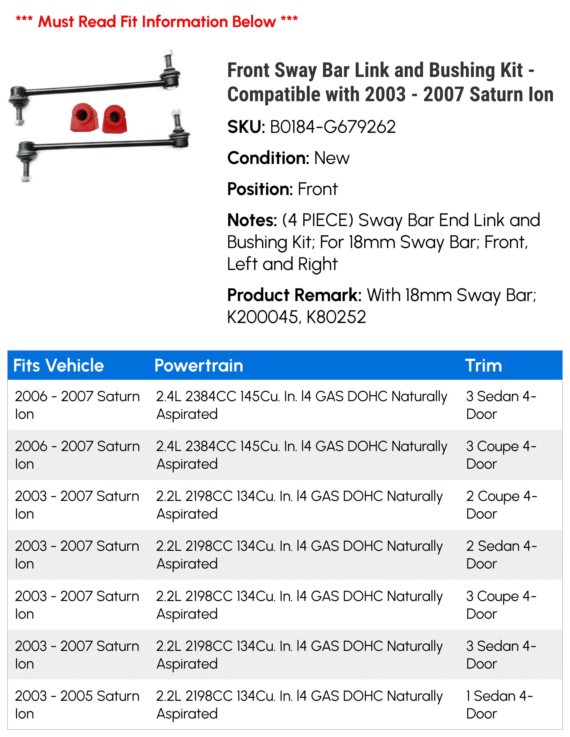 Front Sway Bar Link and Bushing Kit - Compatible with 2003 - 2007 Saturn Ion 2004 2005 2006