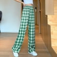 thumbnail image 4 of Plaid Pants for Womens Straight Leg High Waist Casual Wide Leg Loose Fit Cute Checkered Lounge Pants (Free Size, Green), 4 of 8