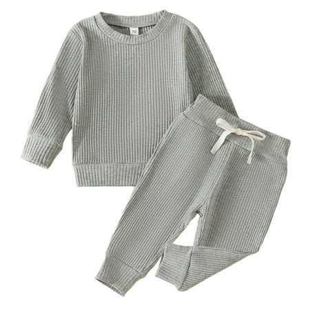 

WOYY Toddler Boys Ribbed Outfits Solid Color Long Sleeve T Shirt Trousers Casual Clothes Set