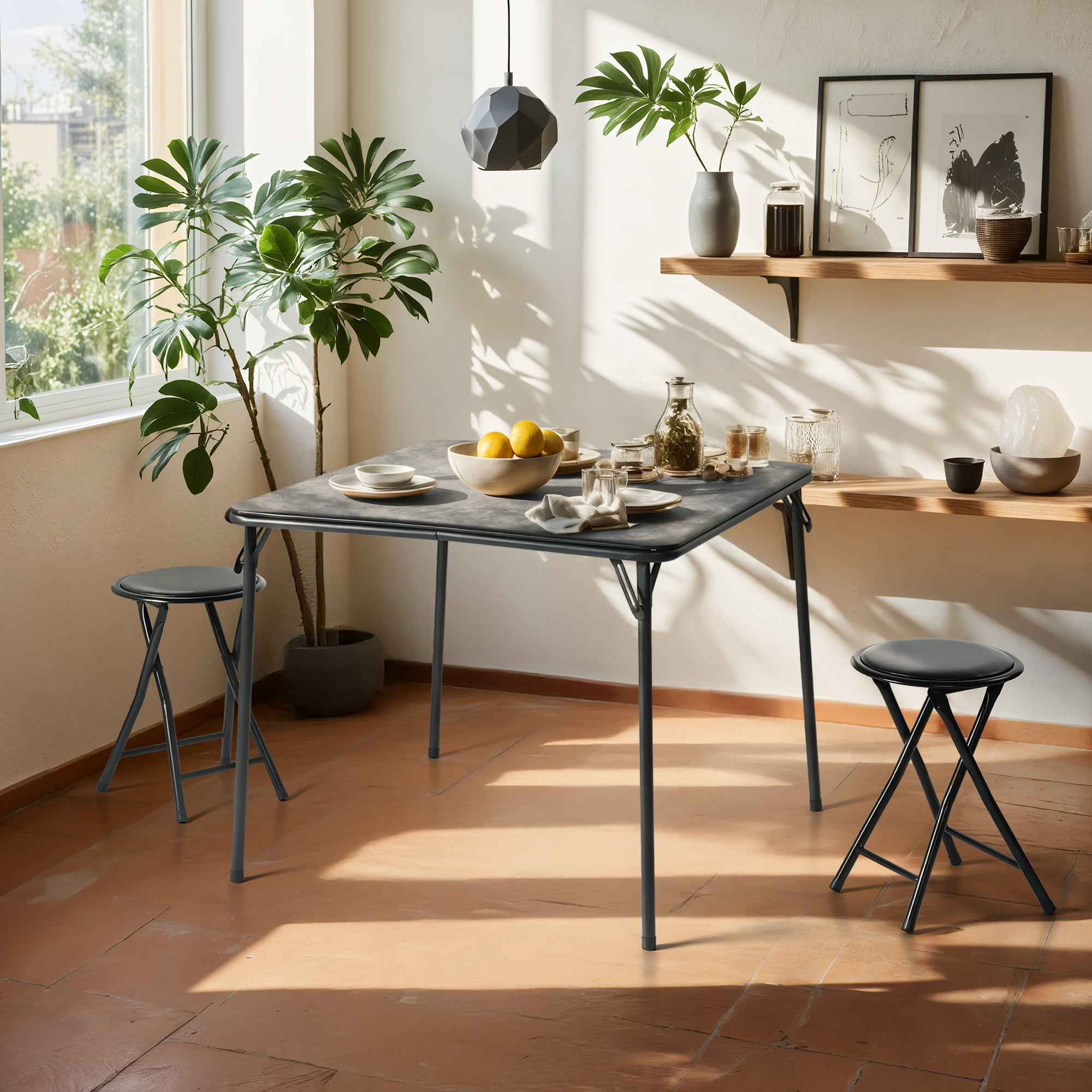 Homy Casa Folding Stool with Round Seat, Black Metal Frame, Portable Space-Saving Design