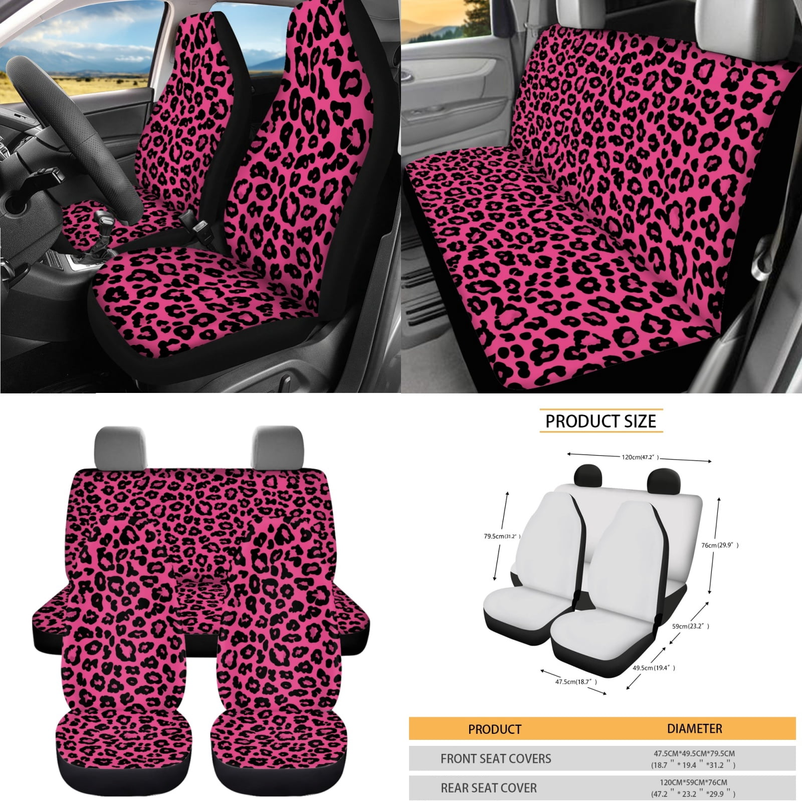 Yuyamidu Pink Leopard Print Car Seat Cover Set with Steering Wheel Cover Auto Seat Belt Strap Protector Cup Coasters Trash Can Air Vent Storage Bag Rear View Mirror Cover Keychain 15 PCS