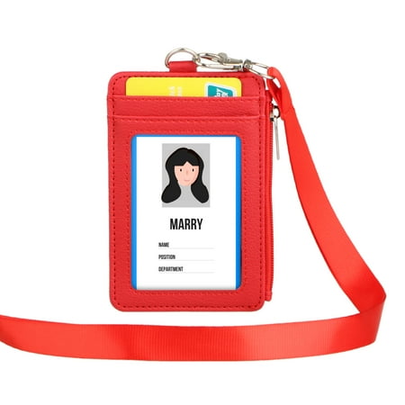 Lanyard With Id Holder Leather Badge Holder with Zipper and Lanyard, Office ID Badge Card Holder Wallet with 5 Card Slots for Offices ID School ID Driver Licence (Blue/Red/Black/Brown) ()