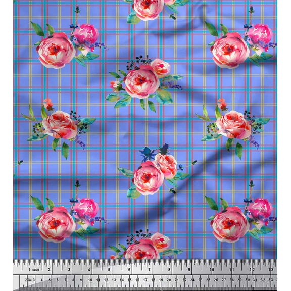 Soimoi Blue Cotton Duck Fabric Check & Floral Printed Craft Fabric by the Yard 42 Inch Wide
