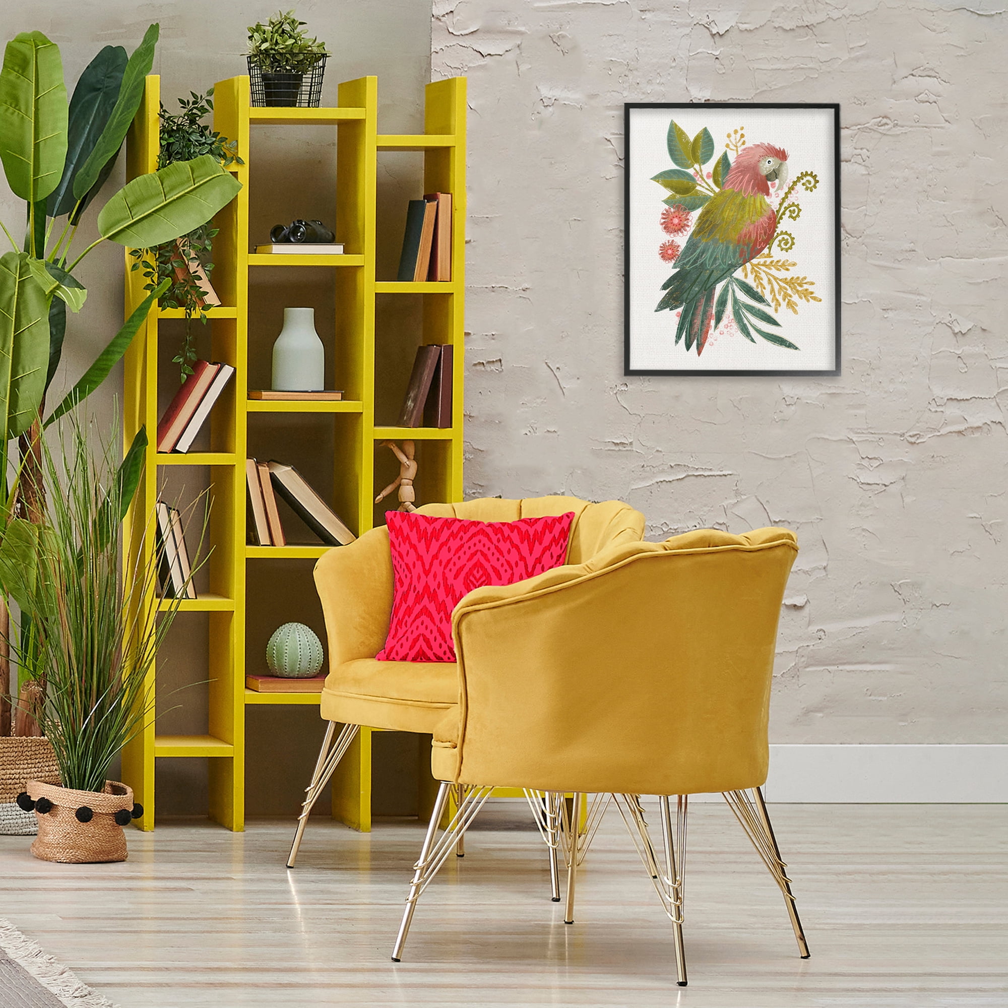 Stupell Industries Parrot with Eclectic Leaves Animals & Insects Painting Black Framed Art Print Wall Art, 16 x 20