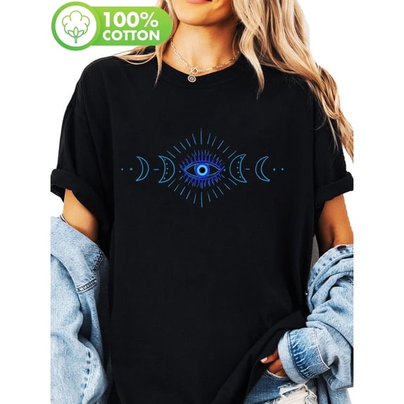 Women'S Black T-Shirt with Mystical Eye & Moon Phases Print - Casual Crew Neck, Short Sleeve, Perfect for Spring & Summer, Casual Wear Tee | Mystical Print Top | Comfortable Fit, Moon Phase Tee