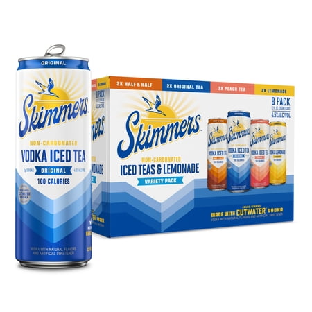 Skimmers Vodka Iced Tea, Original, Peach, Half & Half, Lemonade, 8 pack, 12 fl oz Aluminum Cans , 4.5% ABV