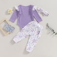 thumbnail image 4 of Okbabeha Newborn Baby Girls Fall Floral Outfits Ruffle Long Sleeve Onesie Romper+Floral Pants with Bow Headband Clothes Set, 4 of 7