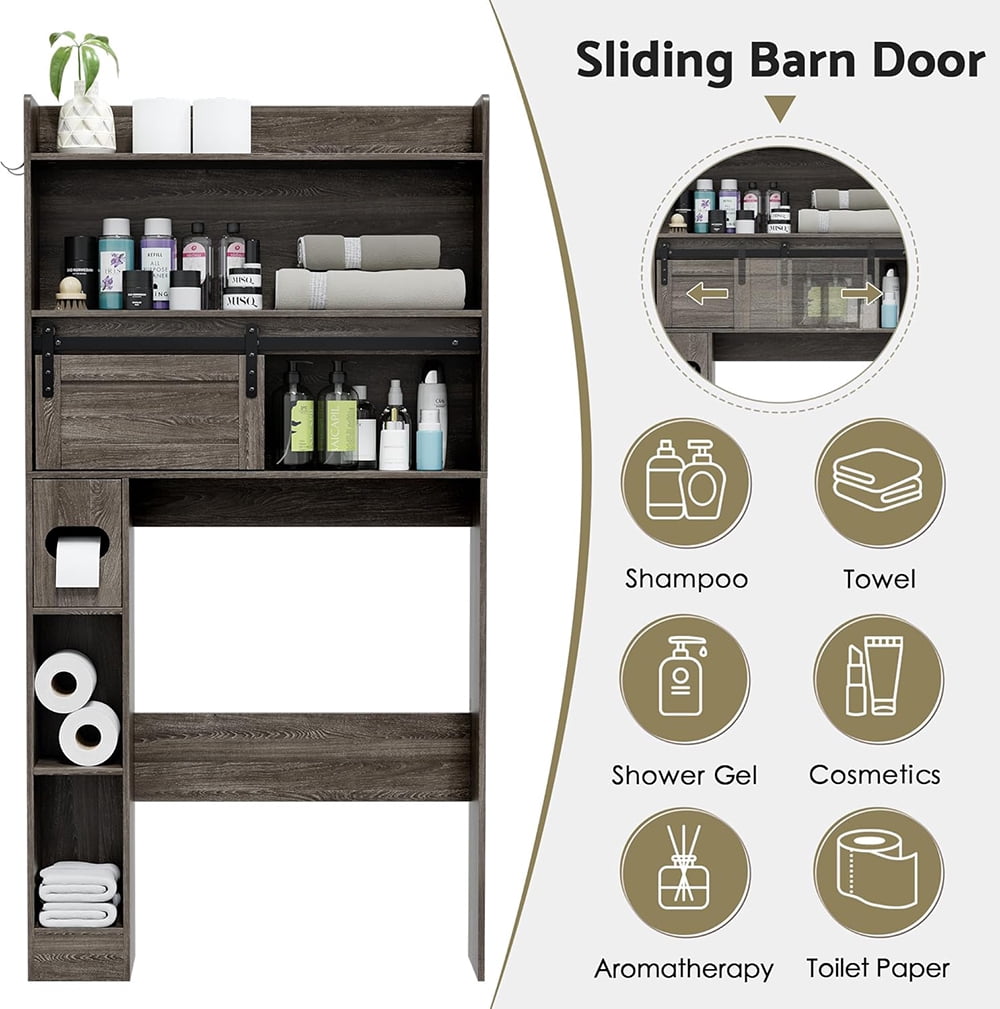 MIDOQIN Over The Toilet Storage Cabinet, Farmhouse Wooden 6-Tier Bathroom Organizer with Adjustable Bottom Bar Home Space-Saving Toilet Rack