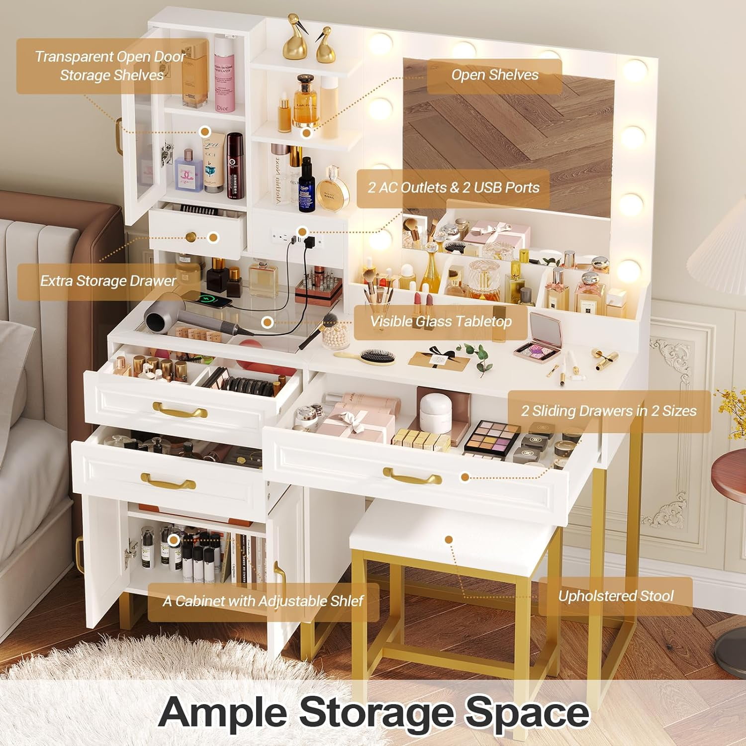 Vanity Desk Set with LED Lights Mirror and Charging Station & Makeup Stool, 3 Light Mode, Glass Top Drawer & Double Doors Cabinet Vanity Desk for Bedroom,White