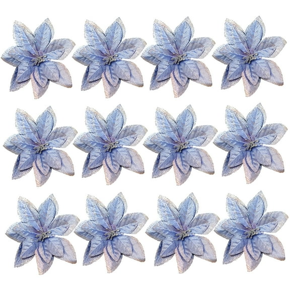 LAMIRO 12 Pcs Christmas Blue Glitter Flowers Picks Christmas Tree Ornaments for Winter Blue Teal Christmas Tree Wreaths Garland Holiday Seasonal Wedding Decorations (13Cm)