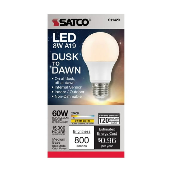 Satco S11429 Dusk to Dawn A19 LED Light Bulb 2700K E26 Medium Base 8.5W 120V (6 Pack)