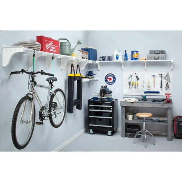 EZ Shelf-Expandable-Garage Shelf- -White- Easy to Install -Strong (up to 250 Lbs)- Wire Shelving Alternative –Wall Mounted Garage Shelf Organizer (White, 40.5"-290")