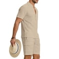 thumbnail image 4 of Eryao Men Casual Tracksuit Sets 2 Piece Short Sleeve Button V Neck Shirts Matching Elastic Waist Shorts with Pockets Summer Beach Lounge Outfits,Khaki,XXL, 4 of 8