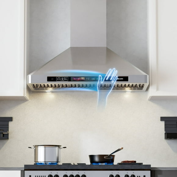 BRANO 30-Inch Wall-Mount Range Hood, 900CFM Powerful Suction, Stainless Steel Body, Voice/Gesture/Touch Control, Convertible Ducted/Ductles
