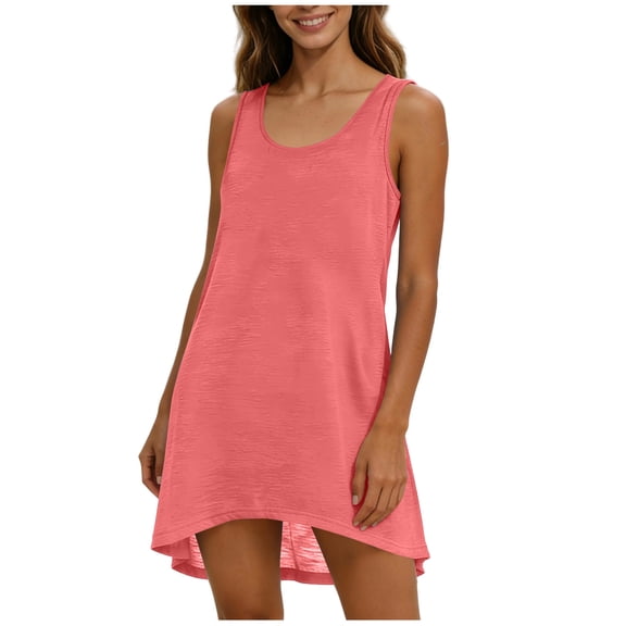Summer Plus Size Dresses for Womens 2026 Fashion Solid Color Round Neck T-shirt Beach Dresses Vacation Bathing Suit Cover Up Swimsuit Coverup Dress