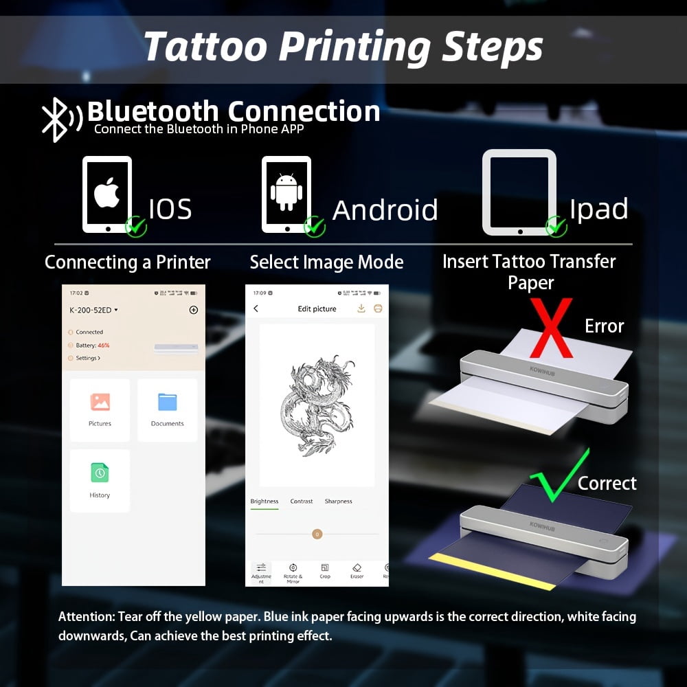 K200 Wireless Thermal Tattoo Printer Tattoo Transfer Printer Mini Portable Thermal Tattoo Stencil Printer with 10pcs Tattoo Transfer Paper 10pcs A4 Paper