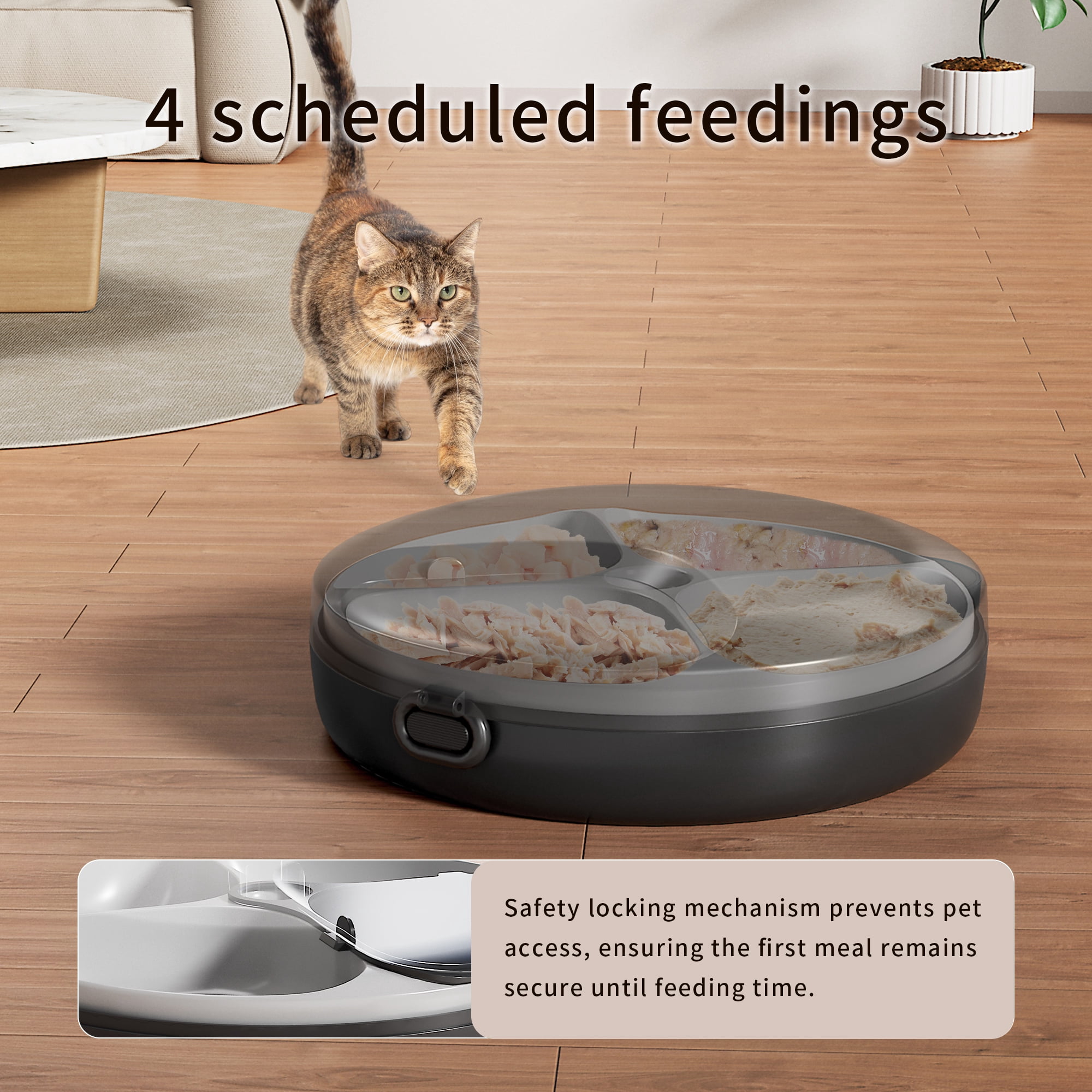 OUDOSPRS Automatic Cat Feeder Wet Food, Auto Refrigerated Wet/Dry Food Feeder with 2 Ice Packs, 4 Meal Timed Fresh Foods Dispenser for Kitty Puppy Automatic Food Bowl, Easy to Clean, Black