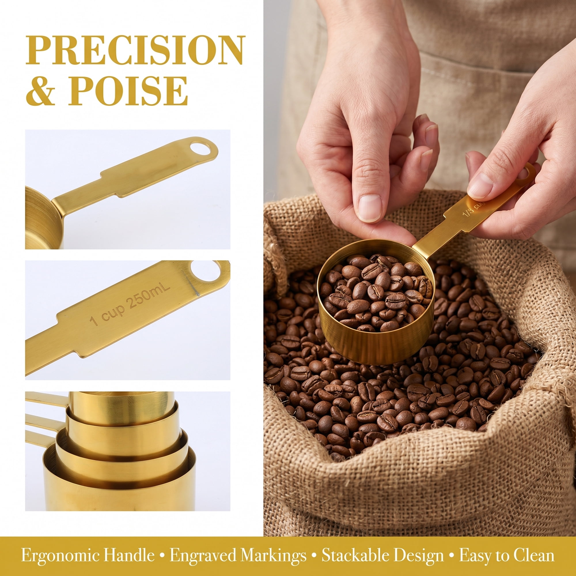 Unique Bargains Stainless Steel Measuring Cups and Spoons Set for Cooks Gold 4Pcs