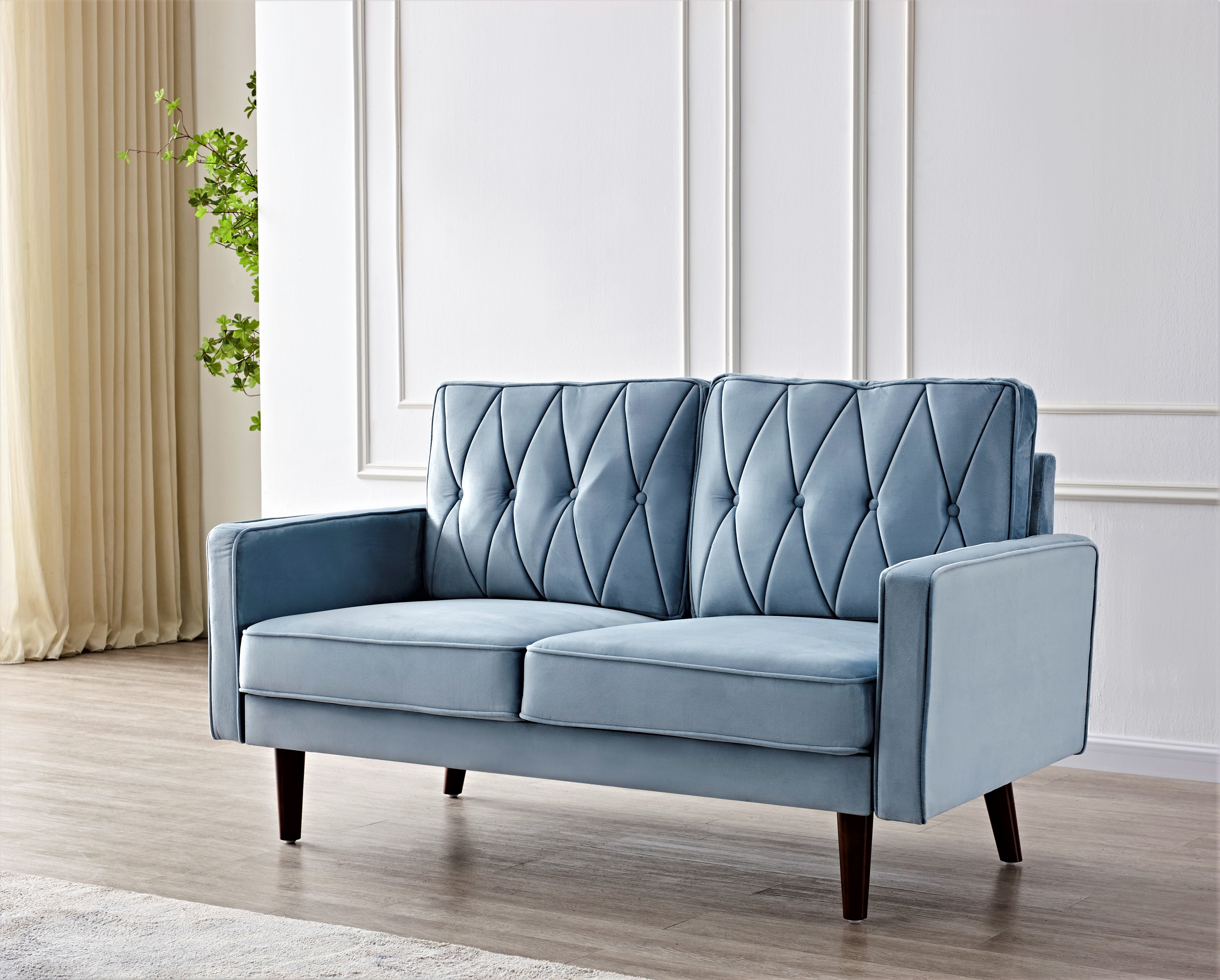 US Pride Furniture Tufted Cushion Back 57.5" Velvet Loveseat, Light Grayish Cyan