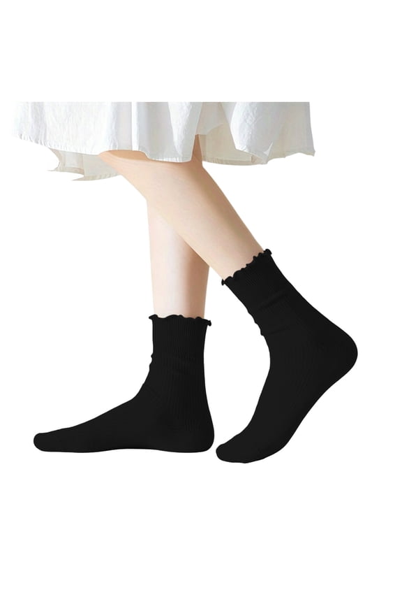 Women's Ribbed Mid-Calf Socks Scalloped Edge Casual Breathable Daily Wear Hosiery Solid Color Soft Knit Socks for Spring Warm-Weather Fashion Trendy Style (Black, Free Size).