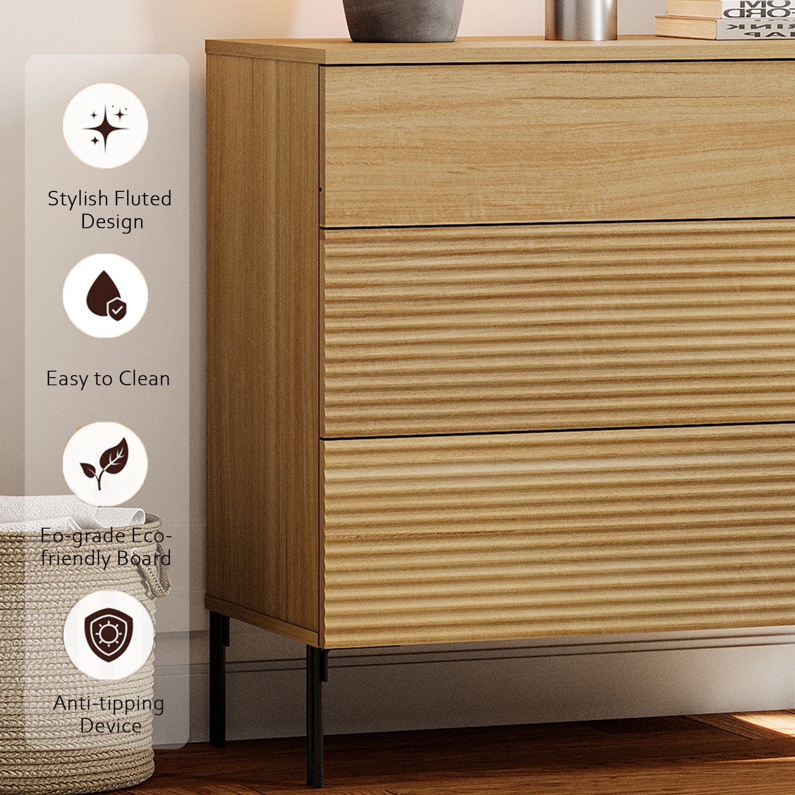 WAMPAT 94.5" 4-in-1 Fluted Dresser for Bedroom with Charging Station, Modern Wooden Chest of Drawers with Hidden Handles & 8 Drawers, Extra Long Dresser TV Stand Closet Storage Organizer, Oak