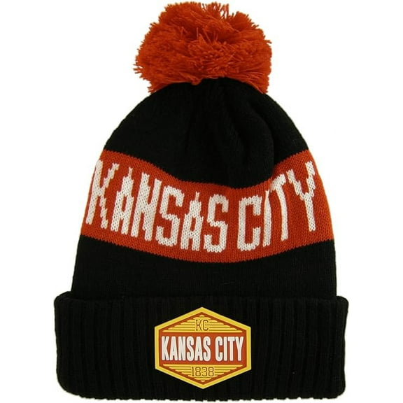 Kansas City Winter Knit 3D Rubber Patch Pom Beanie Hat (Black/Red/Gold)