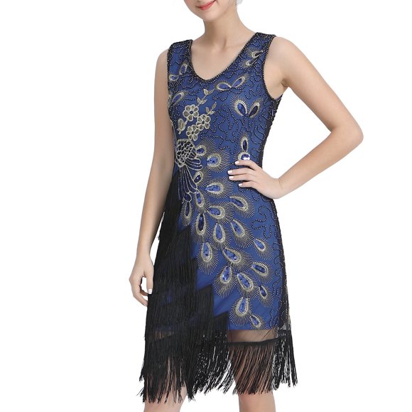 1920s Sequin Tassel Mini Dress Retro Flapper Dance Double V Neck Party Outfit Roaring Twenties Evening Gown
