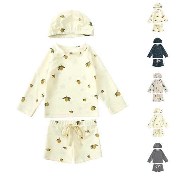 UJNDER Boys Swim Set Three Piece Rash Guard with Floral Swim Trunks and Swimming Cap for Toddler Boys Boys Bathing Suits Light Yellow,12-24 Months