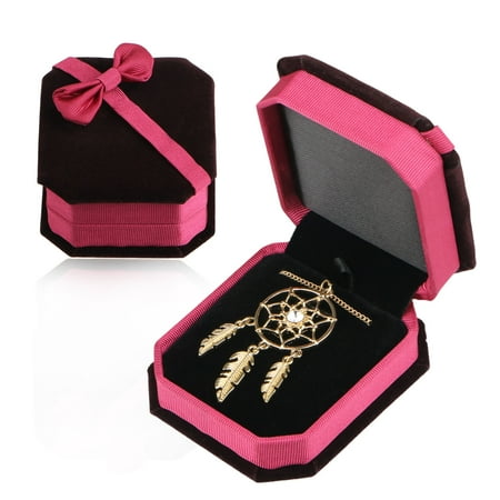 Small Pendant Box - TSV Pink Color Velvet Necklace Pendant Gift Box Octagonal Jewelry Box with Bow