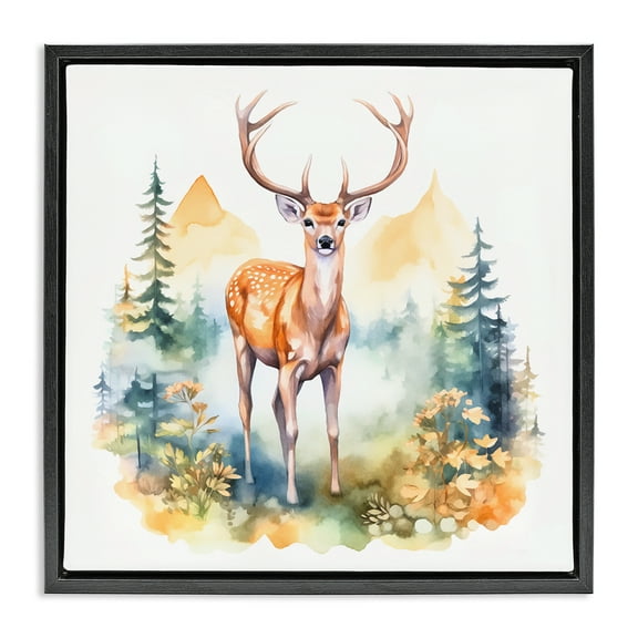 Stupell Industries Wild Deer with Mountains Animals Painting Black Floater Framed Canvas Art Print Wall Art, 18 x 18