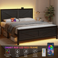 thumbnail image 4 of THKVUH King Size Platform Bed Frame with Farmhouse Barn Door Headboard, Metal Bed Frame with LED Lights and USB Charging Station, Black, 4 of 8