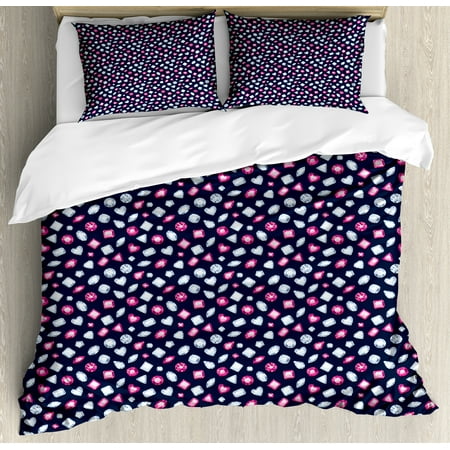 Pink And Navy Baby Bedding Diamonds Duvet Cover Set, Round Marquise Square and Heart Shape Arrangement on Dark Color, Decorative Bedding Set with Pillow Shams, Dark Blue Pink Baby Blue, by Ambesonne ()