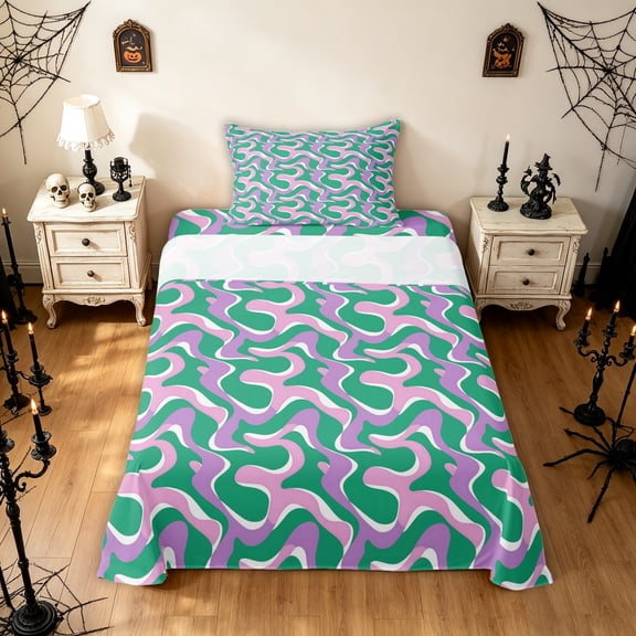 Feelyou Hippie Swirl Twin Sheets, Boho Abstract Bedding, Pink Green, 3pcs, 1 Flat Sheet, 1 Fitted Sheet and 1 Pillowcase