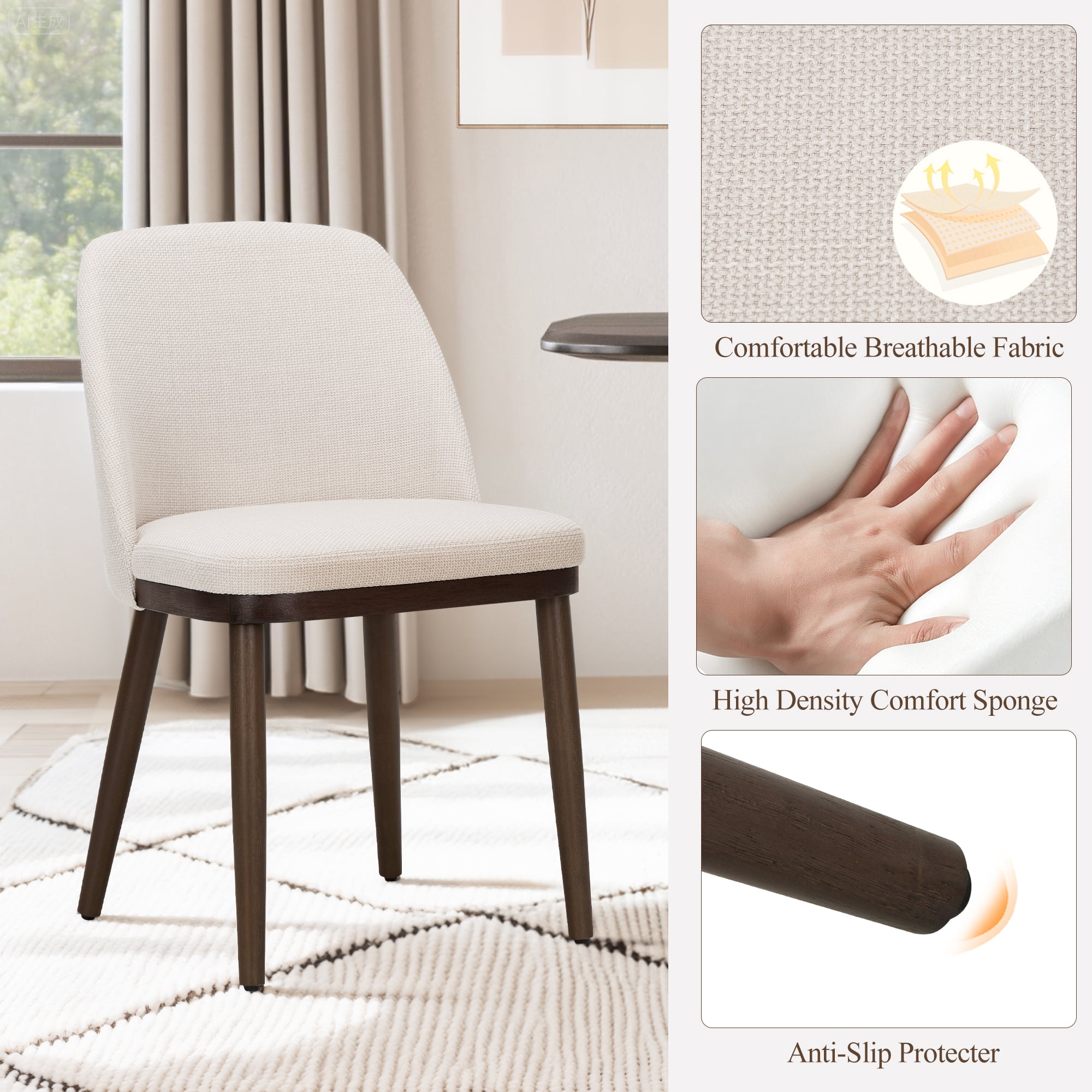 Modern Upholstered Dining Chairs Set of 2 — Fabric Padded Side Chairs with Solid Wood Legs for Kitchens and Dining Rooms, Beige