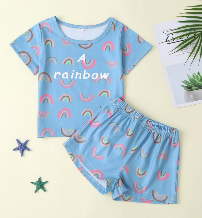 Toddler Baby Pajamas Set Rainbow Print Short Sleeve Top ...
