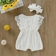 thumbnail image 4 of Maxcozy Newborn Infant Baby Girls Outfits Cotton Linen Rompers Solid Ruffle Jumpsuits + Headband Set White 12-24 Months, 4 of 9