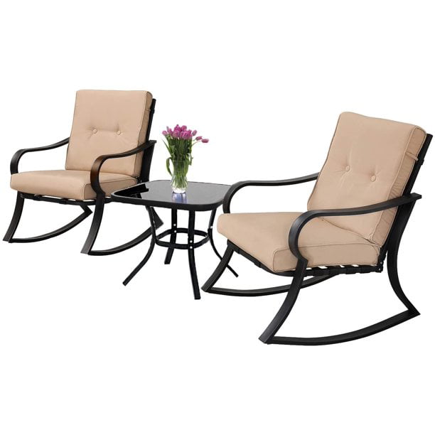 Suncrown 3 Piece Outdoor Patio Rocking Chairs Black Metal Bistro Set With Brown Thickened Cushion Com - Outdoor Patio Rocking Chair Sets