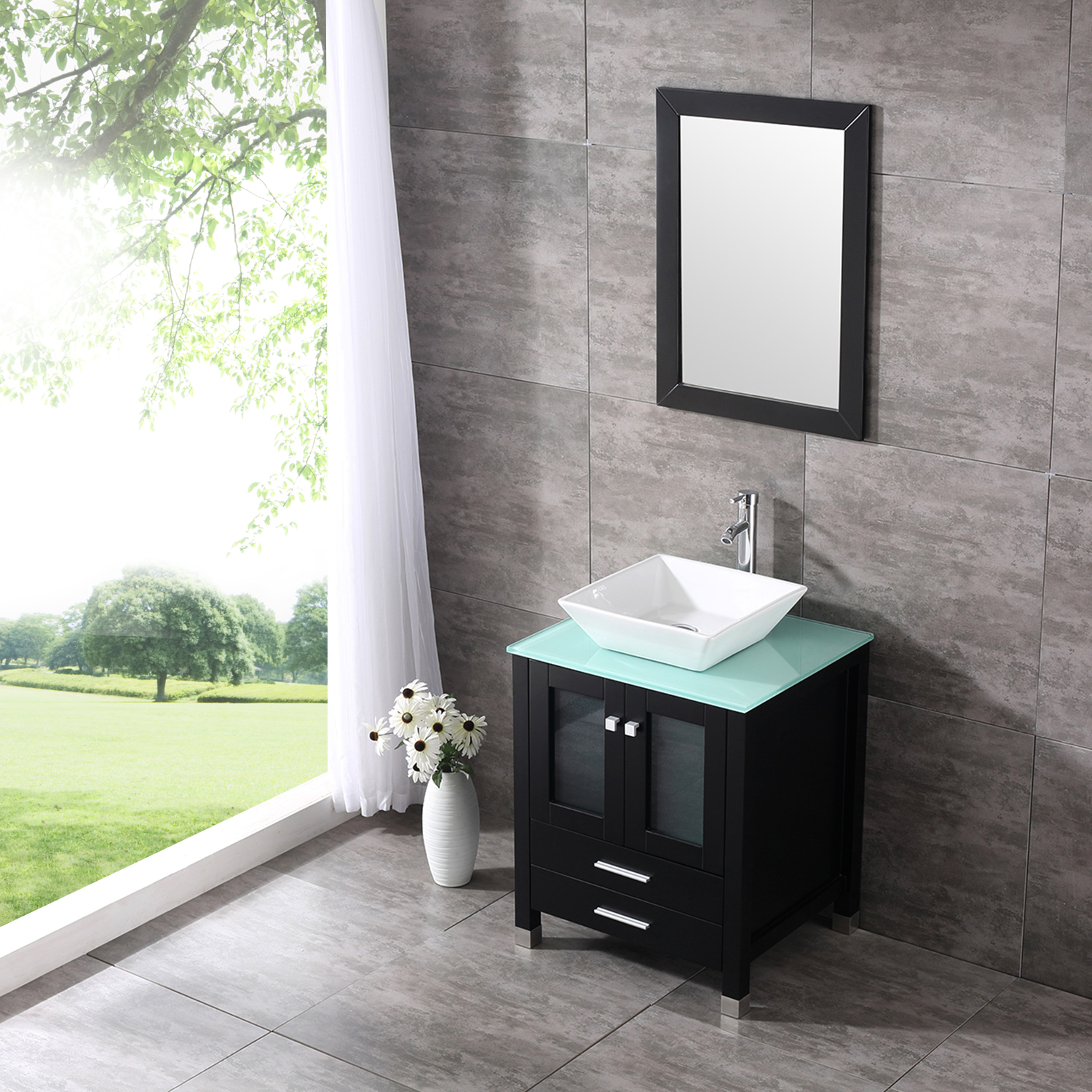 Walcut 24'' Black Wood Bathroom Vanity Cabinet Tempered Glass Countertop Ceramic Sink w/ Mirror