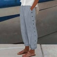 thumbnail image 2 of Mohiass Striped Linen Pants Women Side Button Elastic Waist Capri Gauze Pants Lightweight Summer Beach Cropped Trousers 2025 Light Blue XL, 2 of 5