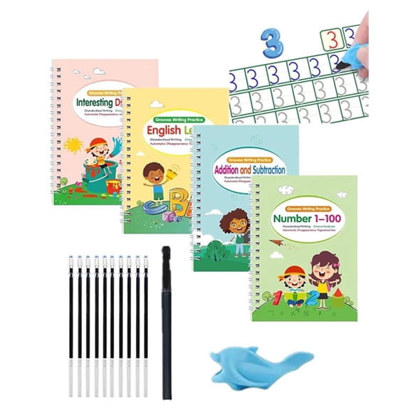 Workbook Fast-Track Young Minds, 4-in-1 Reusable Magic Copybook Set with Pen & Grip, Grooved Writing Practice