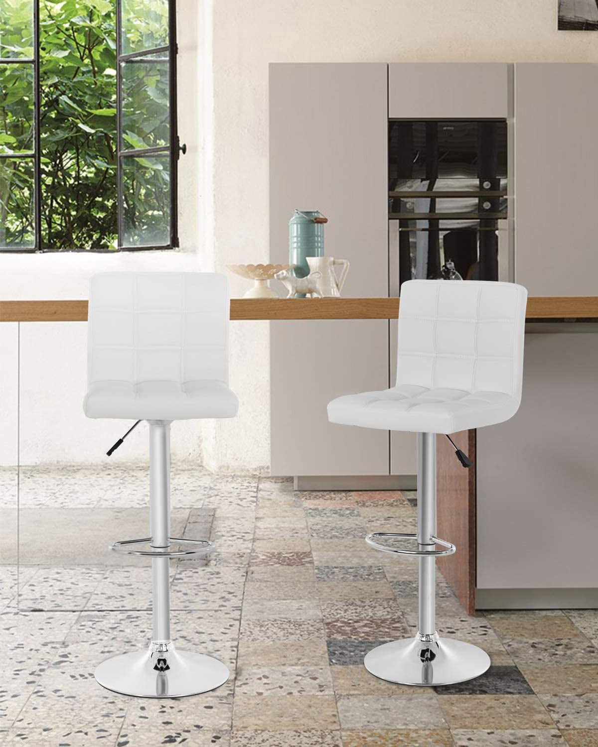BestOffice Modern Swivel PU Leather Barstool with Hydraulic Height Adjustment, White (Set of 2)