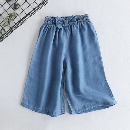 

Clearance!Summer Baby Girl Jeans Thin Wide-Leg Pants Bow-knot Flare Denim Shorts Bowknot Elastic Waist Point Jeans Kid Party Clothing