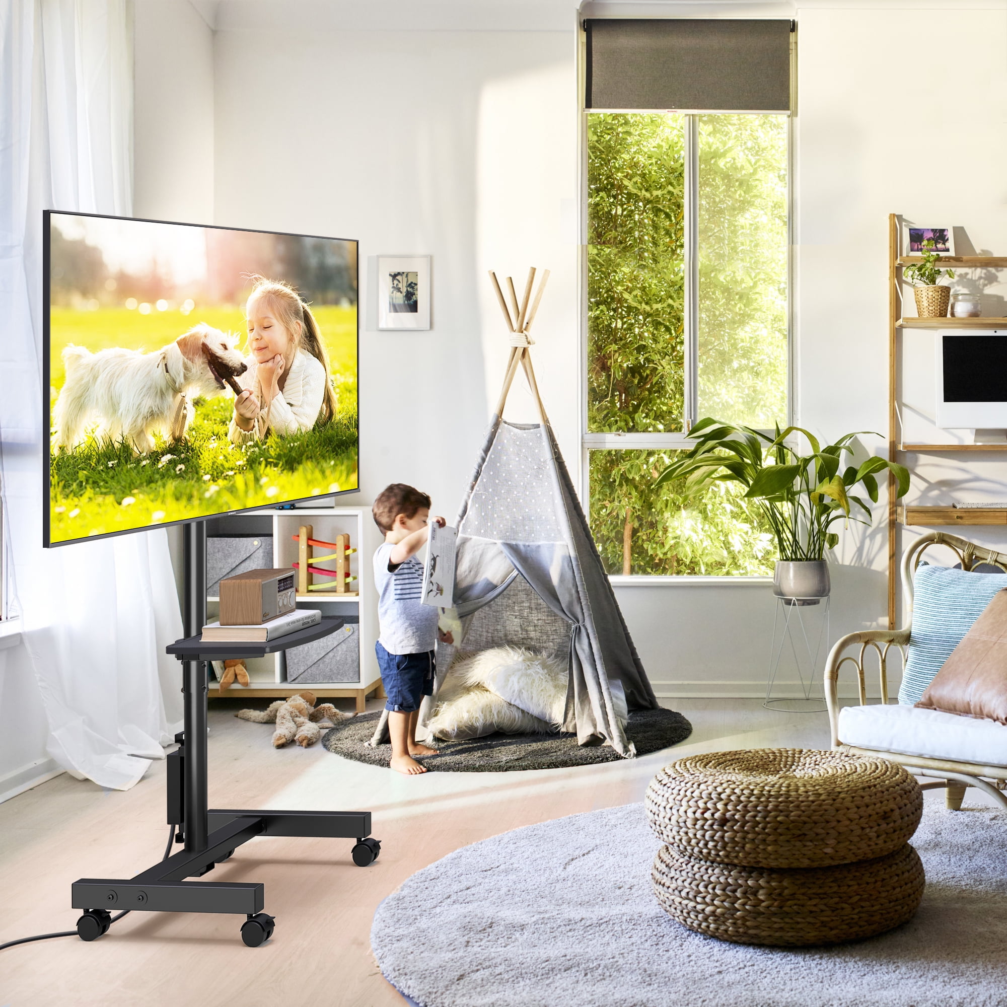 RTVR Rolling TV Stand with Power Outlet for 13-50 inch Flat Screens, Portable Floor Mobile TV Cart Stand with Storage Shelf, 90° Rotation