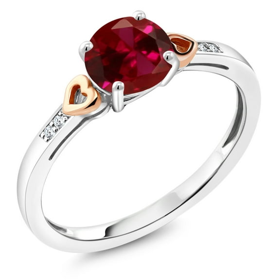 Gem Stone King 1.58 Ct Round Red Created Ruby White Diamond 925 Silver and 10K Rose Gold Ring (Size 8)