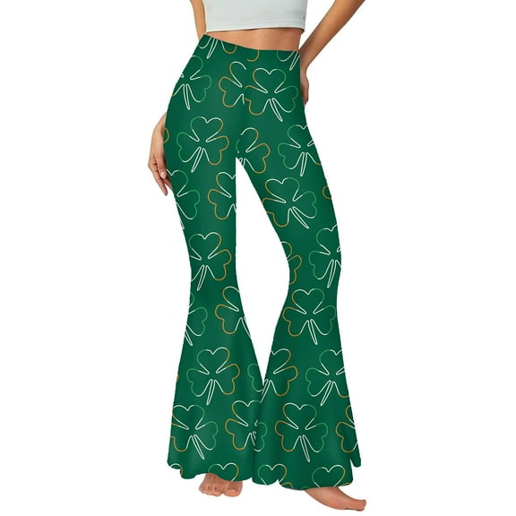 BLVB St Patrick's Day Bell Bottom for Women Shamrock Clover Printed Flare Leg Pants Stretchy Soft Vacation Trousers