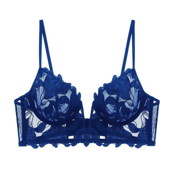 Ropa interior de encaje bordado con escote en V profundo sexy europeo y americano para mujer, sujetador de traje con fruncido pequeño y pecho grande ultrafino