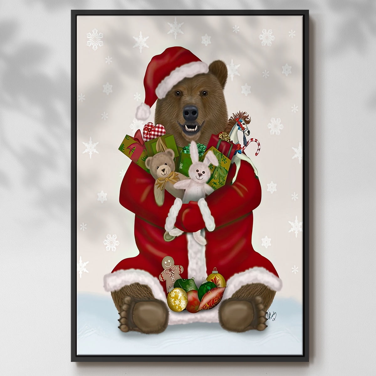 Christmas Christmas Present Bear Hug - Framed Gallery Wrapped Holiday Canvas - 17 x 25 - Black Frame