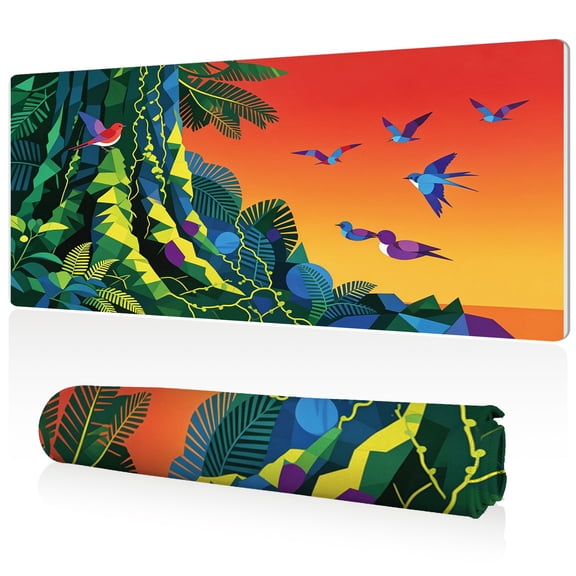LIVEKEY XL Mouse Pad 80x40x0.3cm Colorful Jungle with Flying Birds Design Extra Large Full Desk Coverage Non Slip Surface Durable Easy Clean Stitched Edges for Gaming and Office